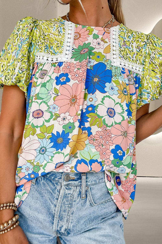 Printed Round Neck Puff Sleeve Blouse - Trendsi - Flyclothing LLC
