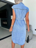Collared Neck Cap Sleeve Denim Dress - Trendsi - Flyclothing LLC