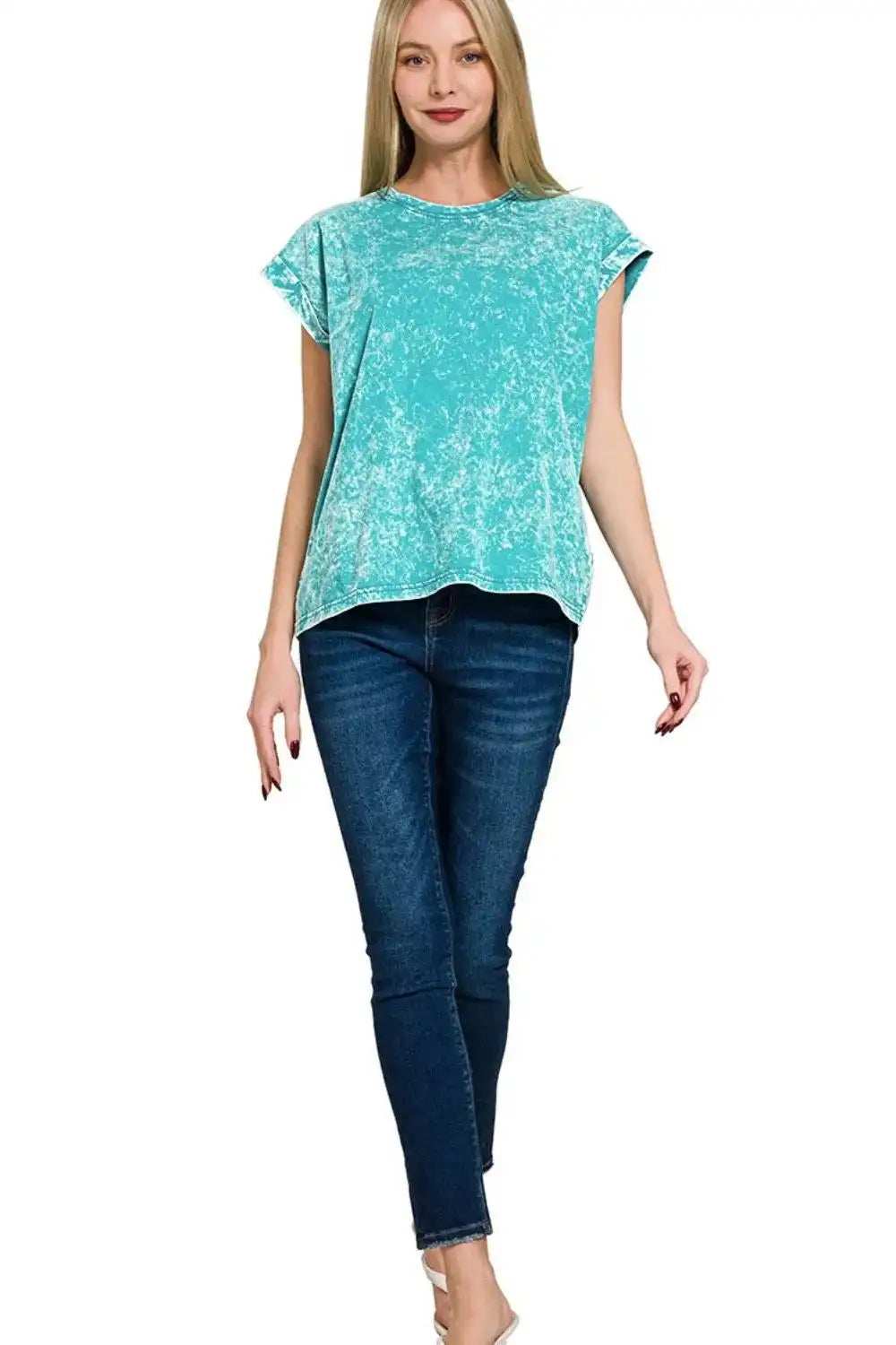Zenana Crinkle Washed Round Neck Folded Short Sleeve Tee - Trendsi - Flyclothing LLC