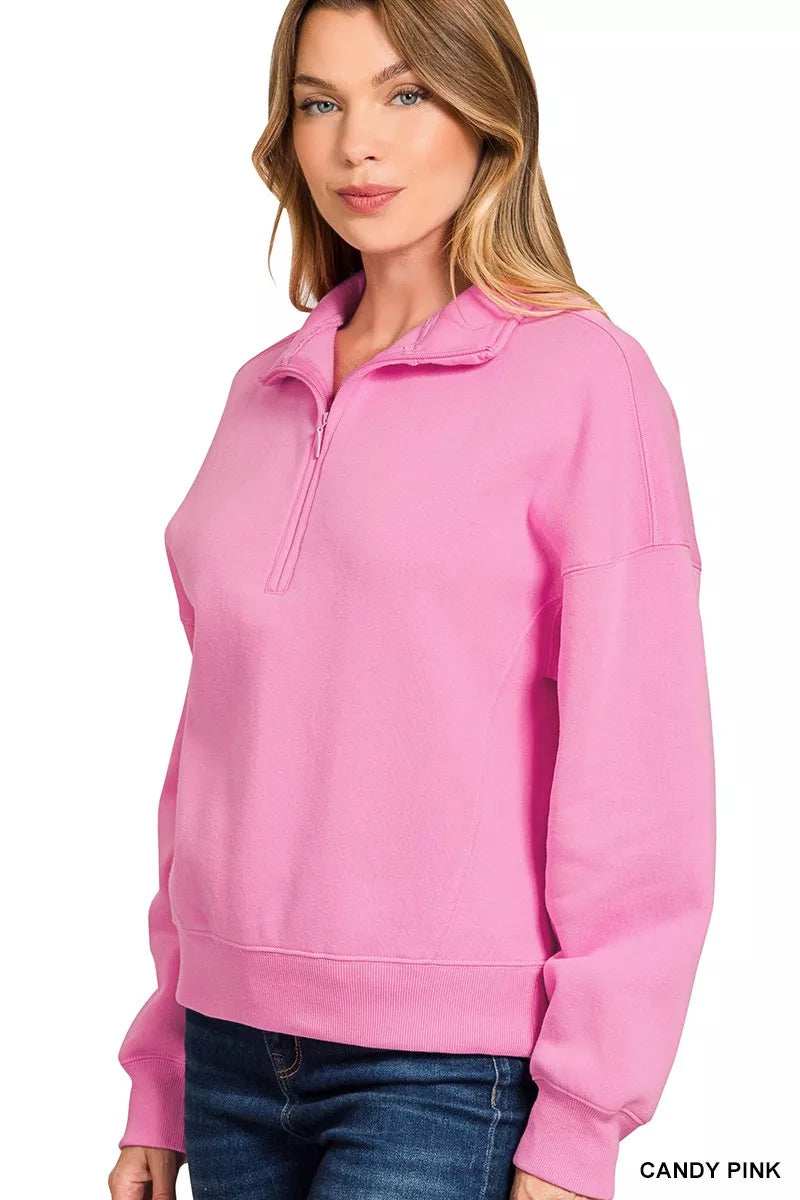 Zenana Fleece High Neck Half Zip Sweatshirt - Trendsi - Flyclothing LLC