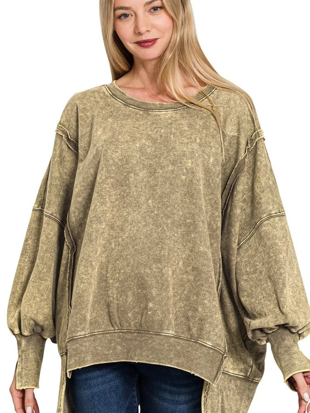 Zenana Acid Wash Exposed-Seam High Low Sweatshirt - Trendsi - Flyclothing LLC