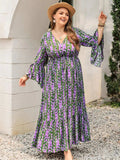 Plus Size Printed V-Neck Long Sleeve Maxi Dress - Trendsi - Flyclothing LLC