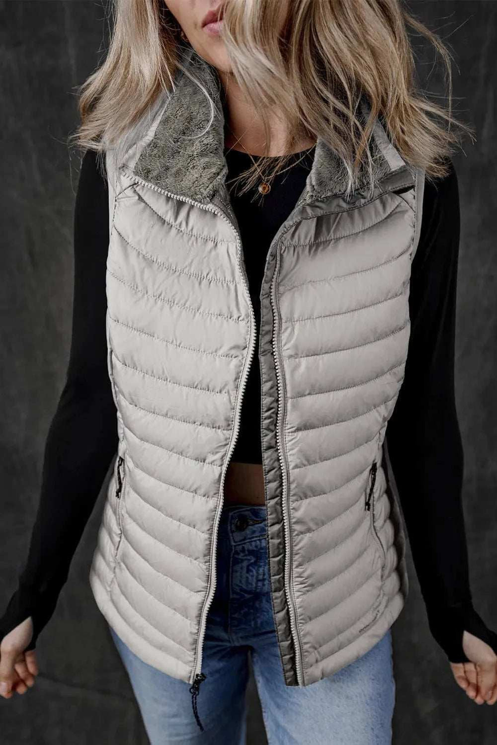 Pocketed Zip Up Vest Coat - Trendsi - Flyclothing LLC