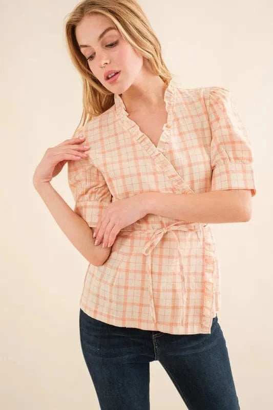 And The Why Plaid Patterned and Ruffled Wrap Blouse Top - Trendsi - Flyclothing LLC