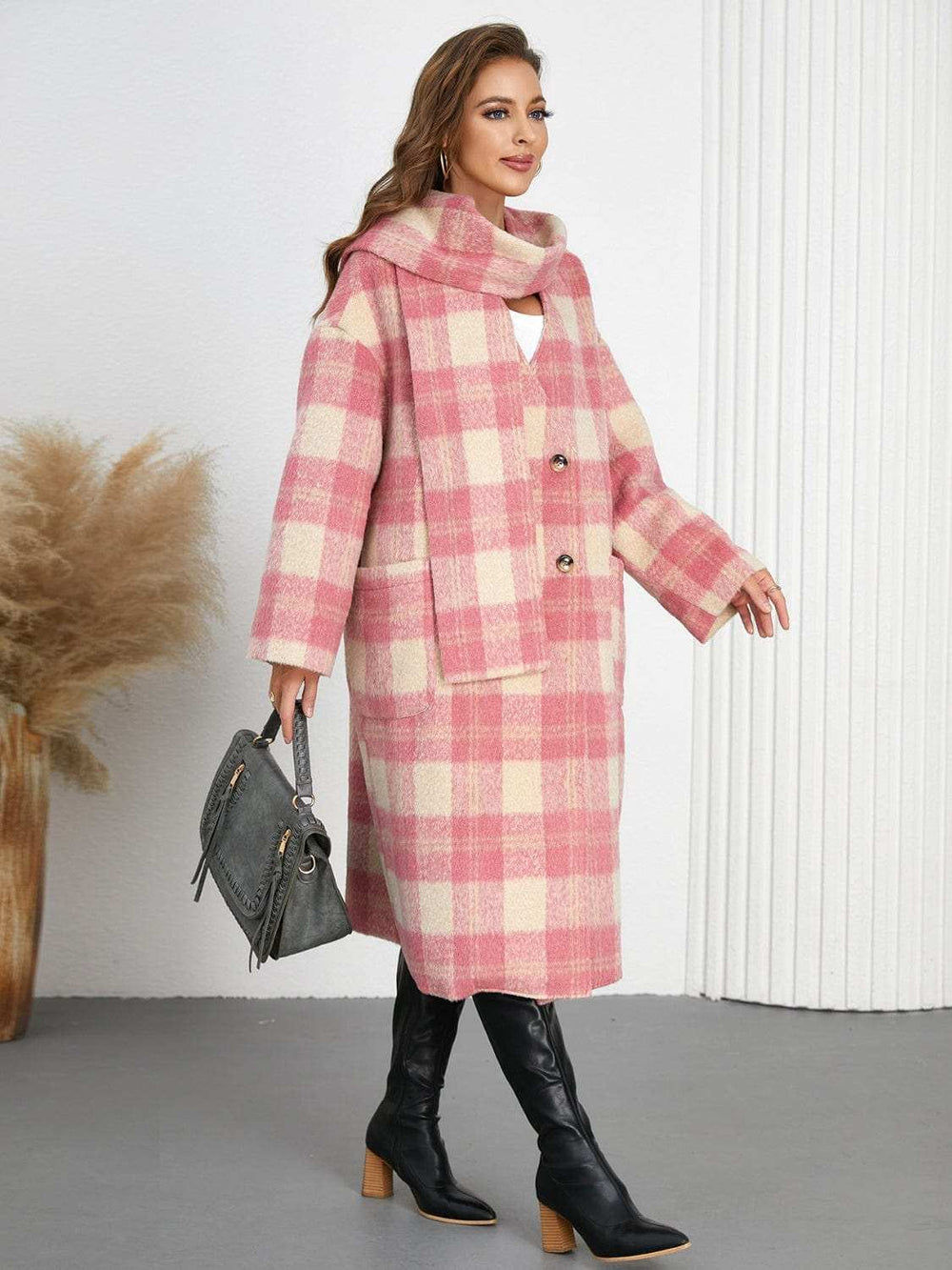 Plaid Button Up Long Sleeve Coat - Trendsi - Flyclothing LLC