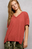 POL Ribbed Knit V-Neck Short Sleeve T-Shirt with Side Slit - Trendsi - Flyclothing LLC