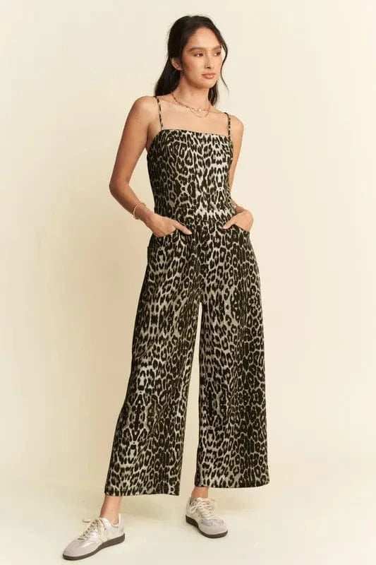 Davi & Dani Leopard Spaghetti Straps Wide Leg Jumpsuit - Trendsi - Flyclothing LLC