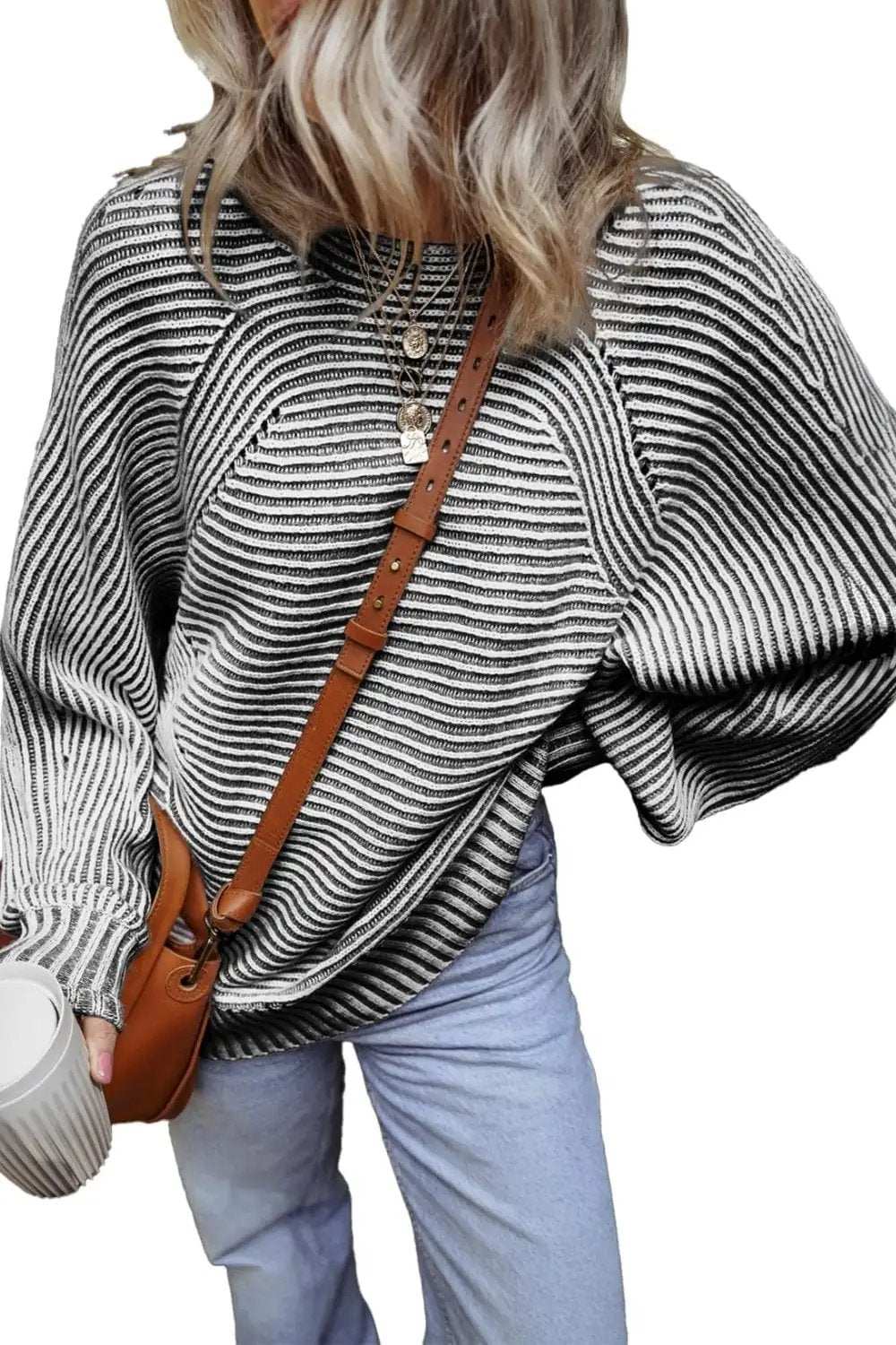Textured Striped Round Neck Long Sleeve Top - Trendsi - Flyclothing LLC