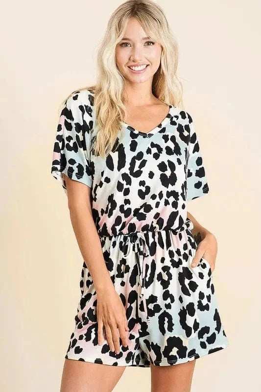 BiBi Gradation Leopard Soft Knit V-neck Romper - Trendsi - Flyclothing LLC