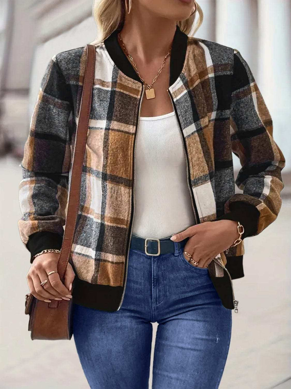 Plus Size Plaid Baseball Collar Zip Up Jacket - Trendsi - Flyclothing LLC
