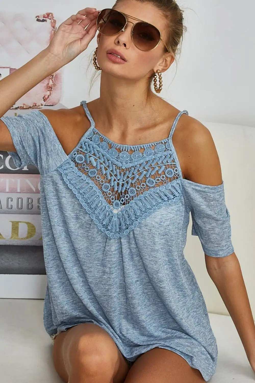 BiBi Front Crochet Lace Adjustable Strap Top - Trendsi - Flyclothing LLC