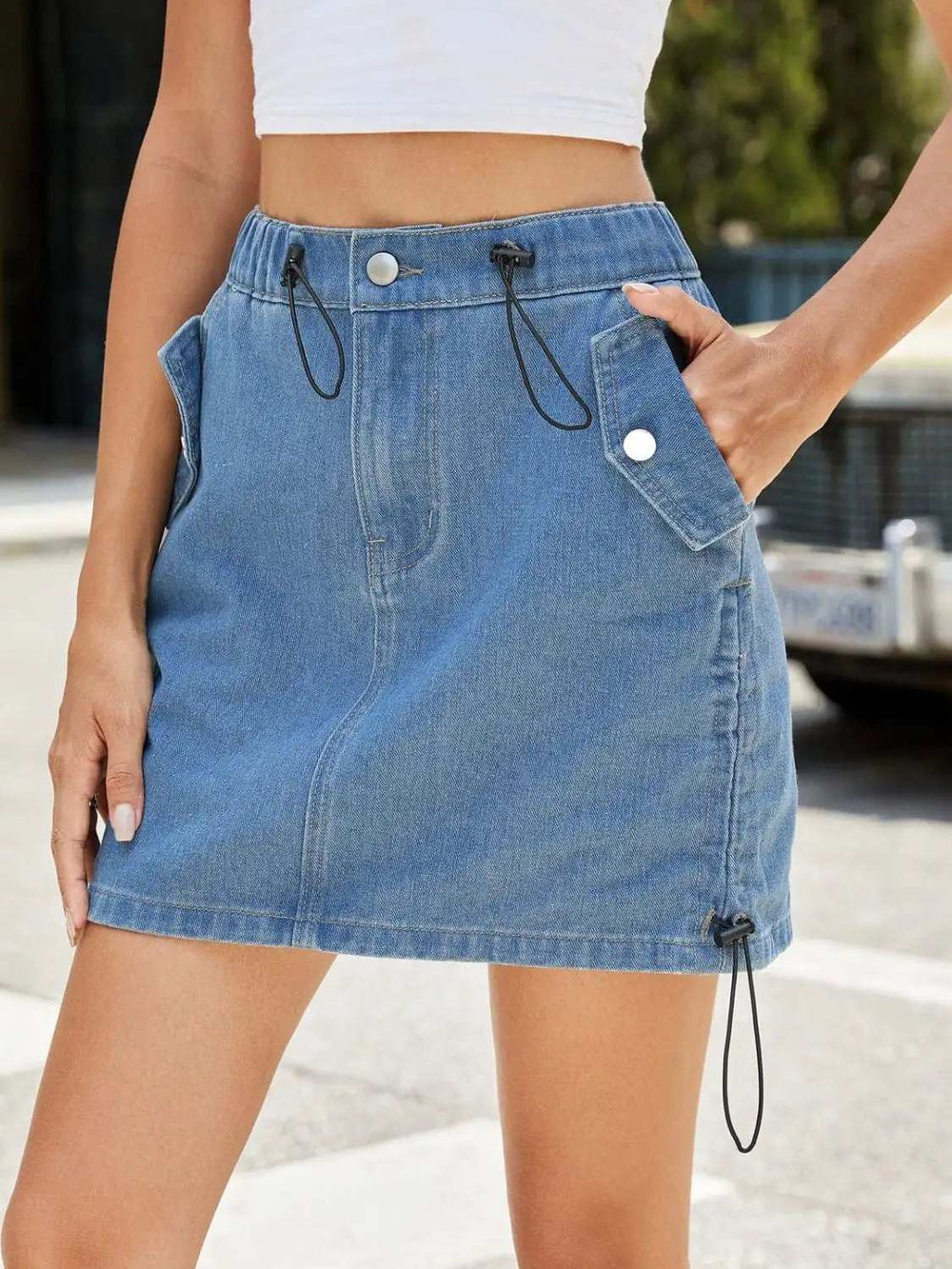 Drawstring Denim Skirt with Pockets - Trendsi - Flyclothing LLC