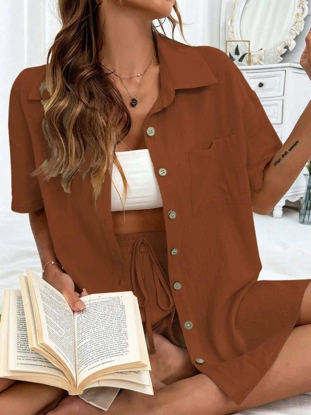 Button Up Half Sleeve Top and Shorts Set - Trendsi - Flyclothing LLC