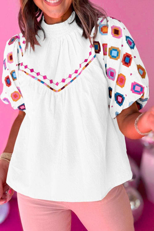 Smocked Neck Embroidered Puff Sleeve Top - Trendsi - Flyclothing LLC