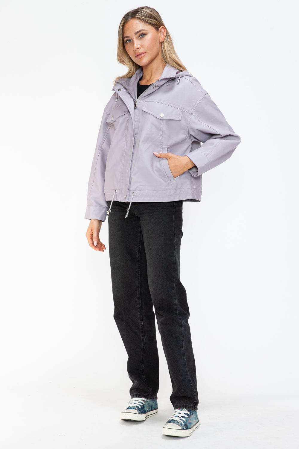 How Dare U Drawstring Hem PU Leather Zip Up Jacket - Trendsi - Flyclothing LLC