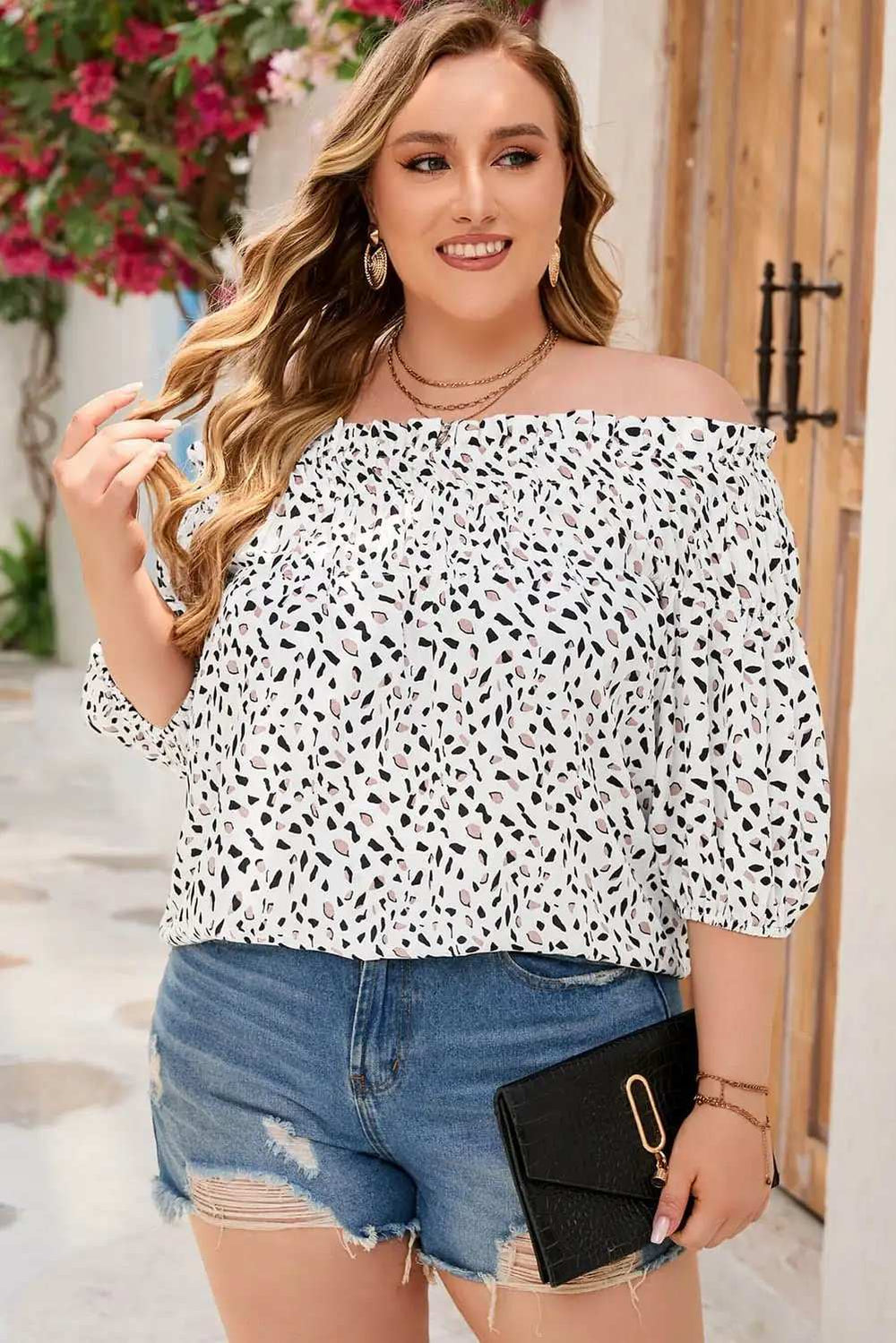 Plus Size Printed Off-Shoulder Half Sleeve Blouse - Trendsi - Flyclothing LLC