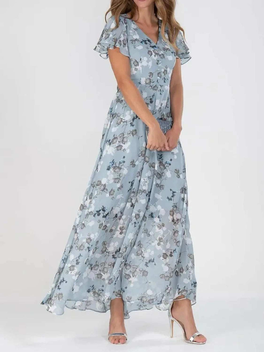 Floral V-Neck Flutter Sleeve Maxi Dress - Trendsi - Flyclothing LLC
