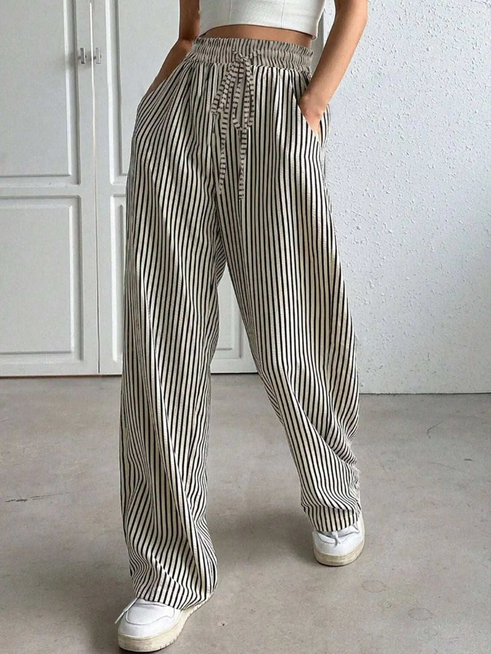 Drawstring Striped Elastic Waist Pants - Trendsi - Flyclothing LLC