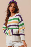 SO ME Mardi Gras Color Stripe Round Neck Sweater Top - Trendsi - Flyclothing LLC