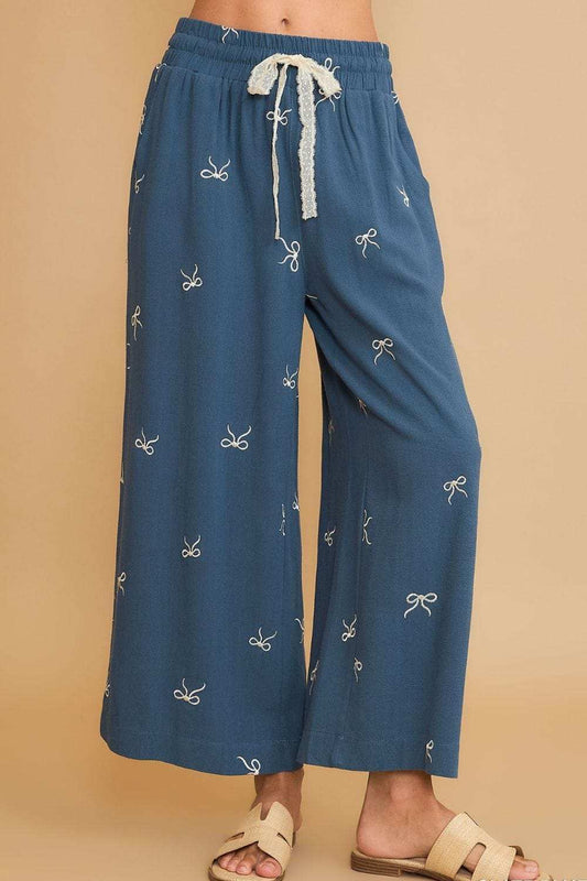 Umgee Full Size Lace Drawstring Embroidered Bow Wide Leg Pants Plus Size - Trendsi - Flyclothing LLC