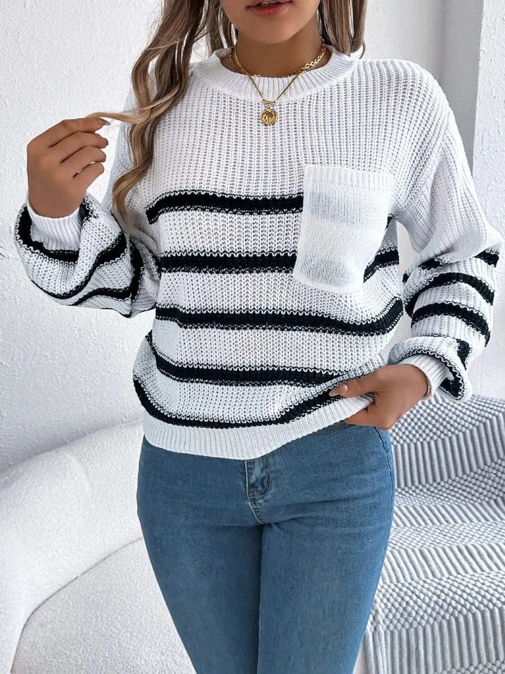 Striped Round Neck Long Sleeve Sweater - Trendsi - Flyclothing LLC