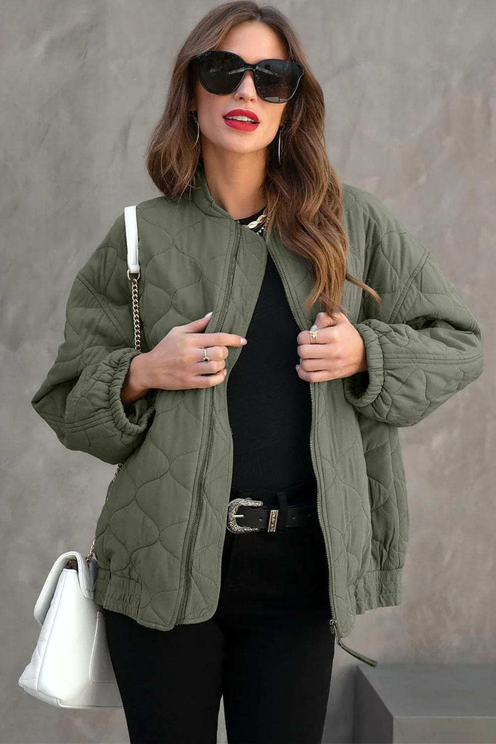 Zip Up Drop Shoulder Long Sleeve Puffer Jacket - Trendsi - Flyclothing LLC