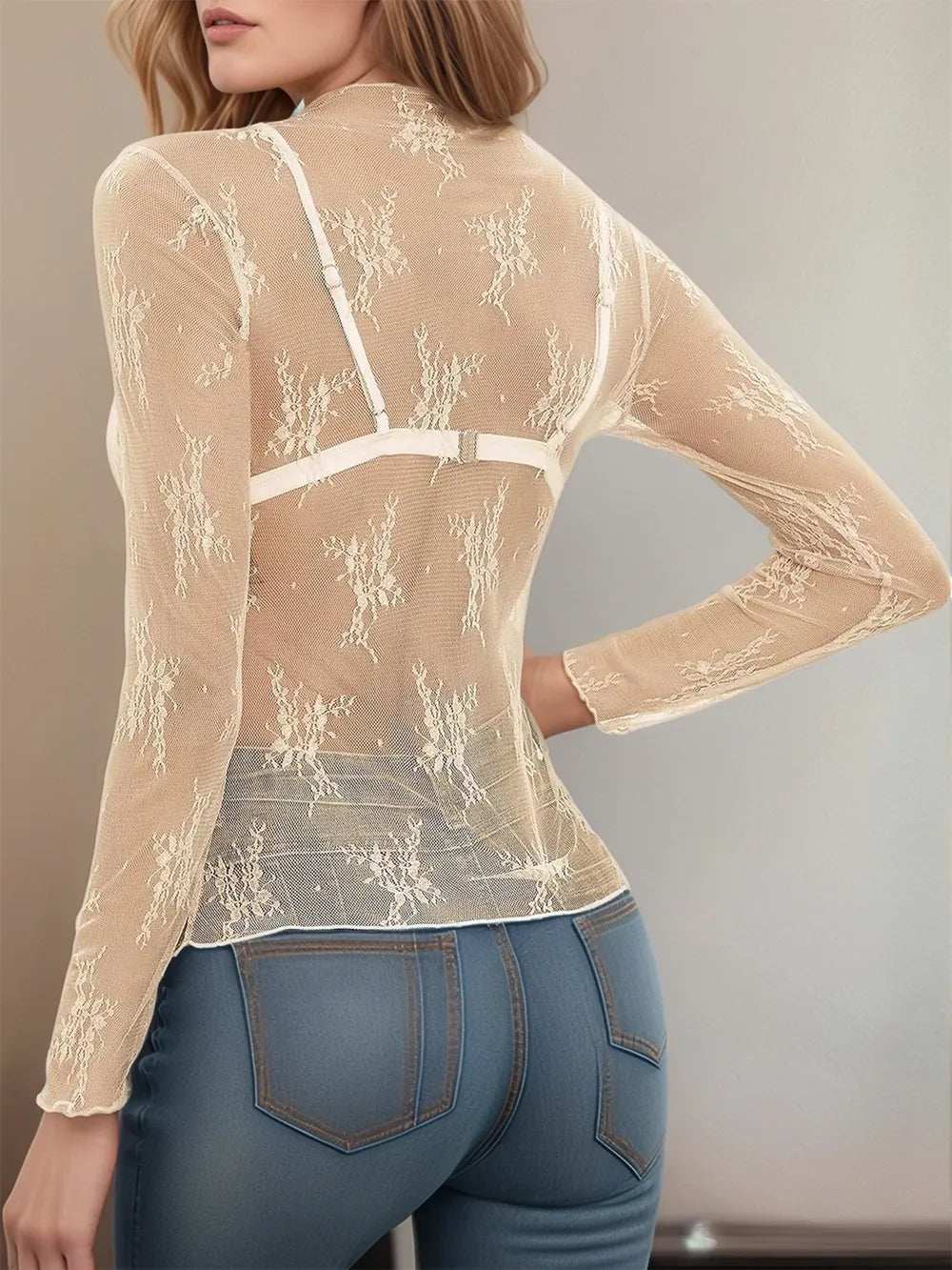 Floral Mock Neck Long Sleeve Mesh Top - Trendsi - Flyclothing LLC