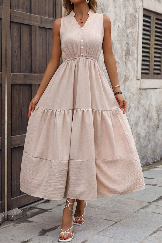 Decorative Button Notched Tiered Dress - Trendsi - Flyclothing LLC