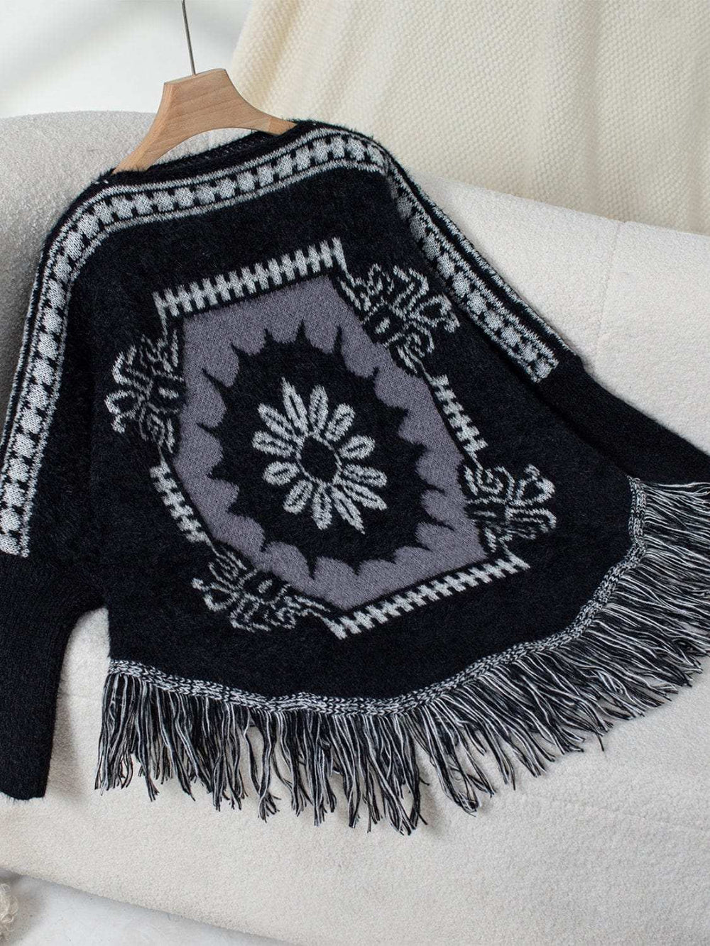 Fringe Geometric Long Sleeve Poncho - Trendsi - Flyclothing LLC