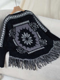 Fringe Geometric Long Sleeve Poncho - Trendsi - Flyclothing LLC