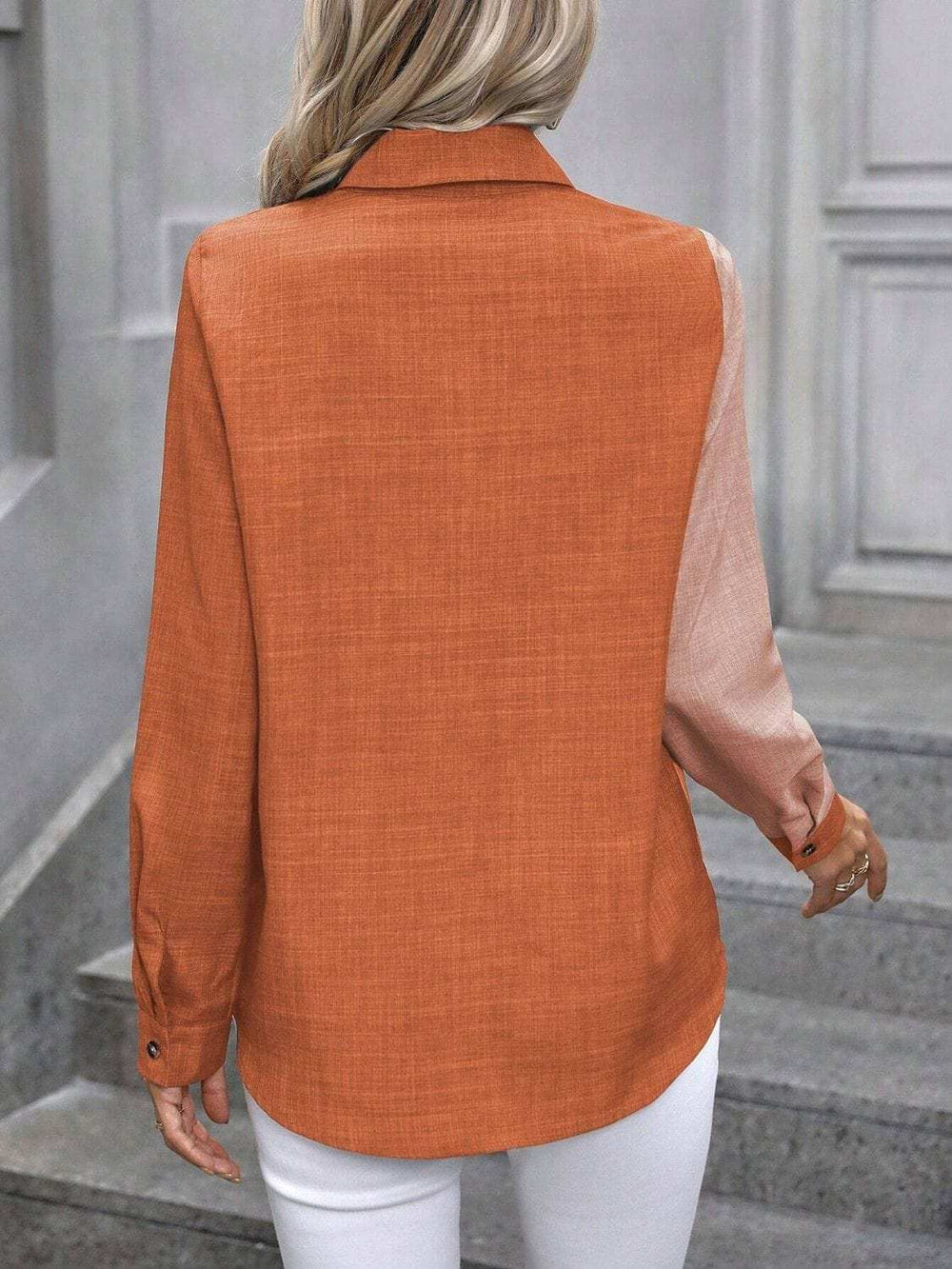 Contrast Collared Neck Long Sleeve Shirt - Trendsi - Flyclothing LLC