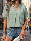 Pocketed Notched Short Sleeve Blouse - Trendsi - Flyclothing LLC