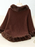 Fuzzy Trim Texture Three-Quarter Sleeve Poncho - Trendsi - Flyclothing LLC