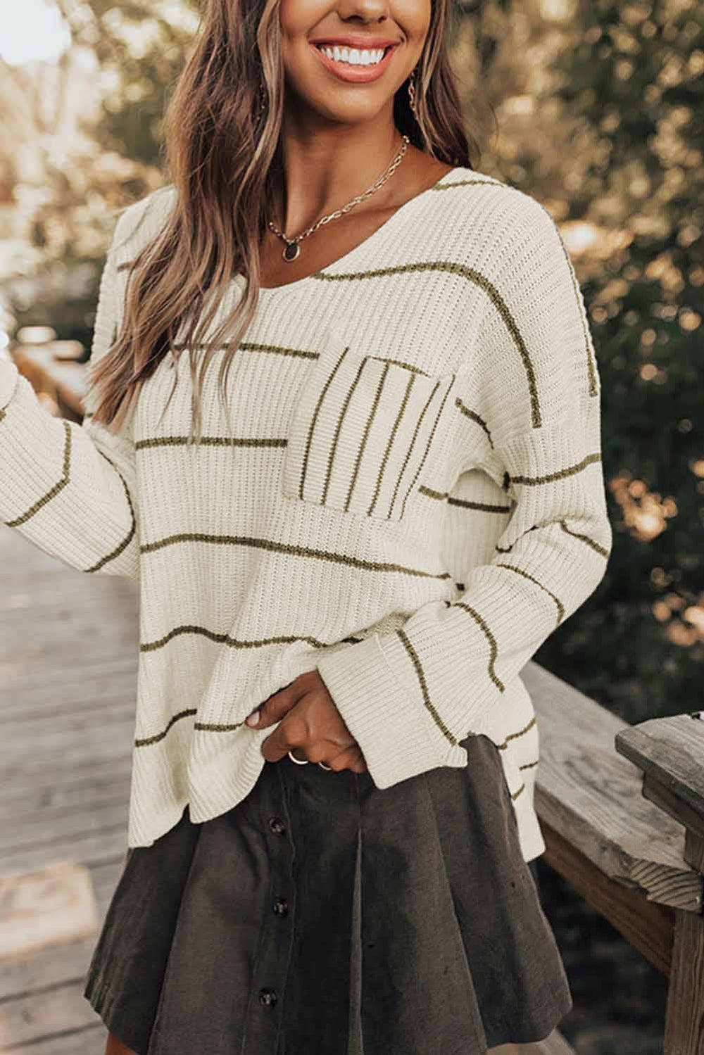 Striped V-Neck Drop Shoulder Sweater - Trendsi - Flyclothing LLC