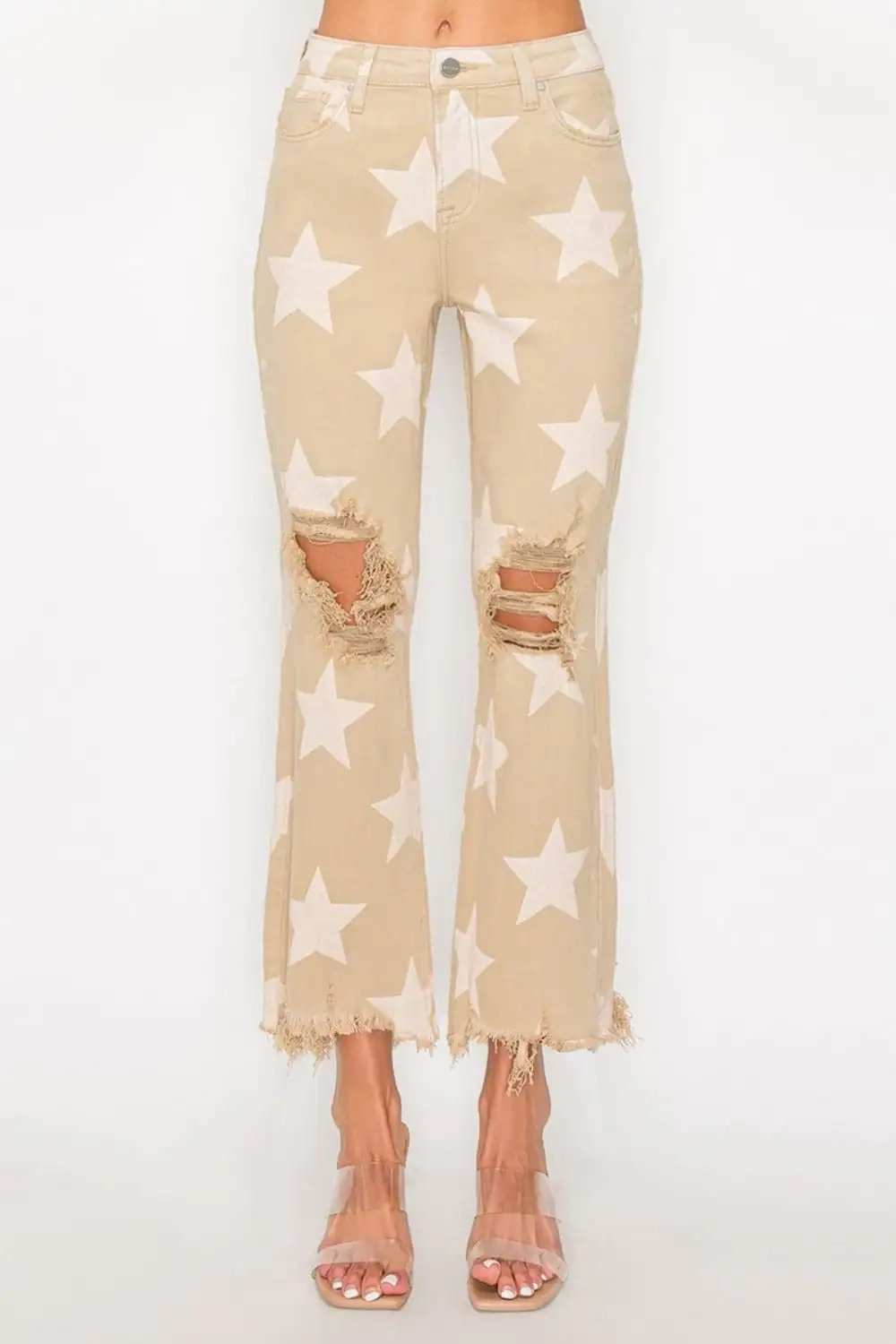 RISEN Full Size High Rise Star Printed Frayed Hem Jeans - Trendsi - Flyclothing LLC