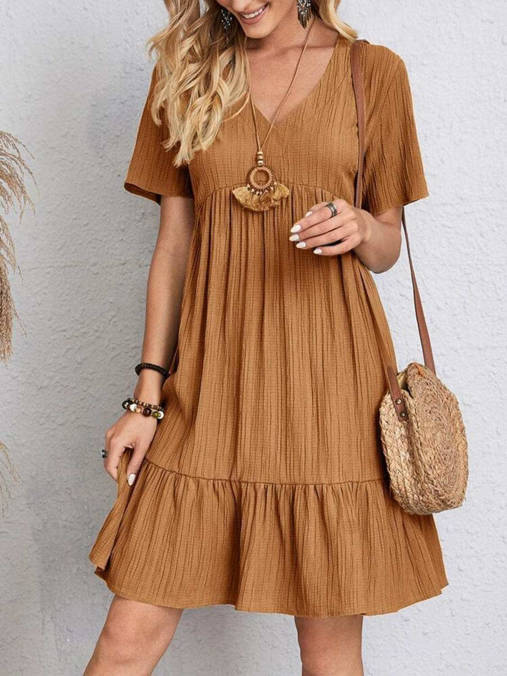 Full Size V-Neck Short Sleeve Dress - Trendsi - Flyclothing LLC
