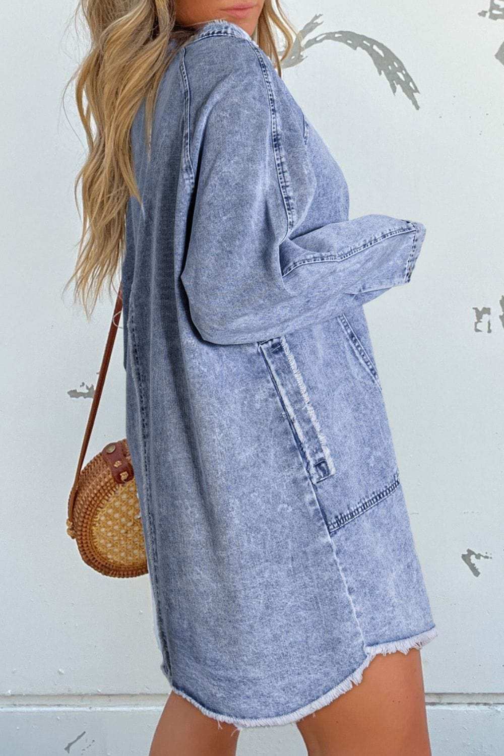 Raw Hem Button Down Long Sleeve Denim Dress - Trendsi - Flyclothing LLC