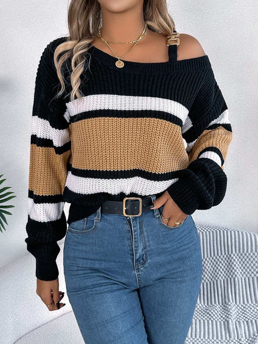 Color Block Asymmetrical Neck Long Sleeve Sweater - Trendsi - Flyclothing LLC