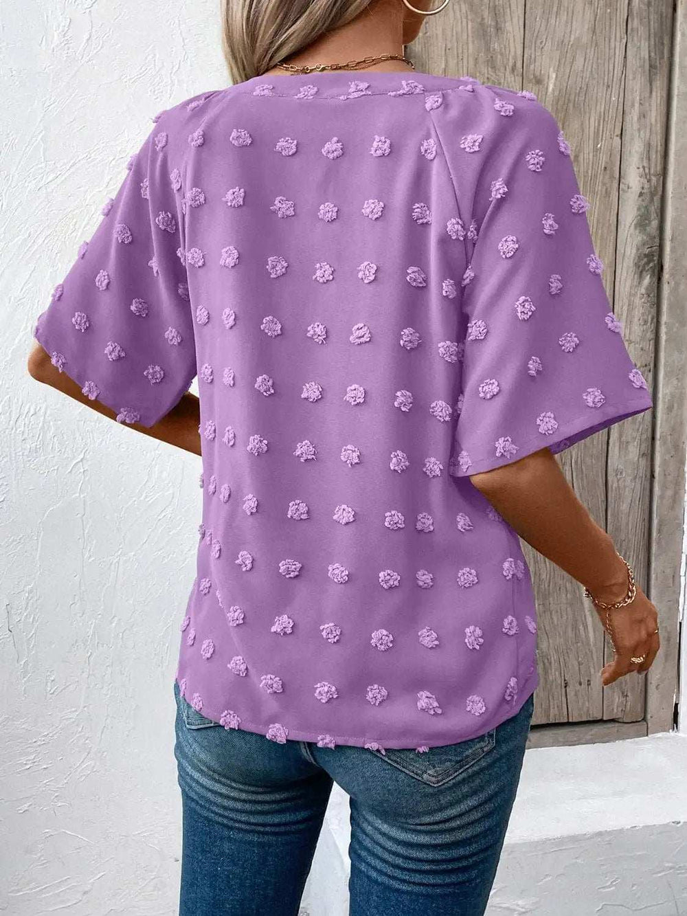 Swiss Dot Notched Half Sleeve Blouse - Trendsi - Flyclothing LLC