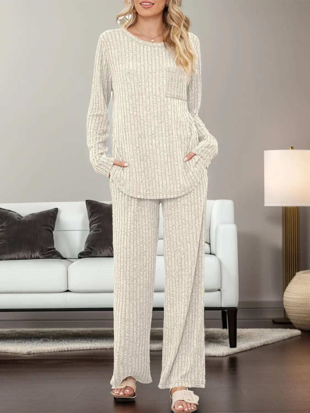 Round Neck Long Sleeve Top and Pants Set - Trendsi - Flyclothing LLC