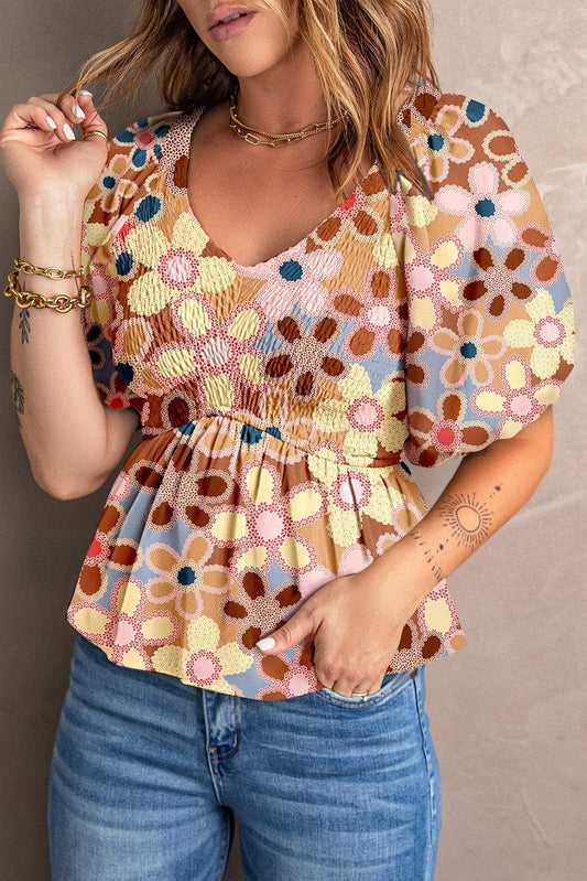 Smocked Printed V-Neck Half Sleeve Blouse - Trendsi - Flyclothing LLC