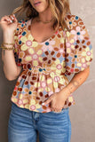 Smocked Printed V-Neck Half Sleeve Blouse - Trendsi - Flyclothing LLC