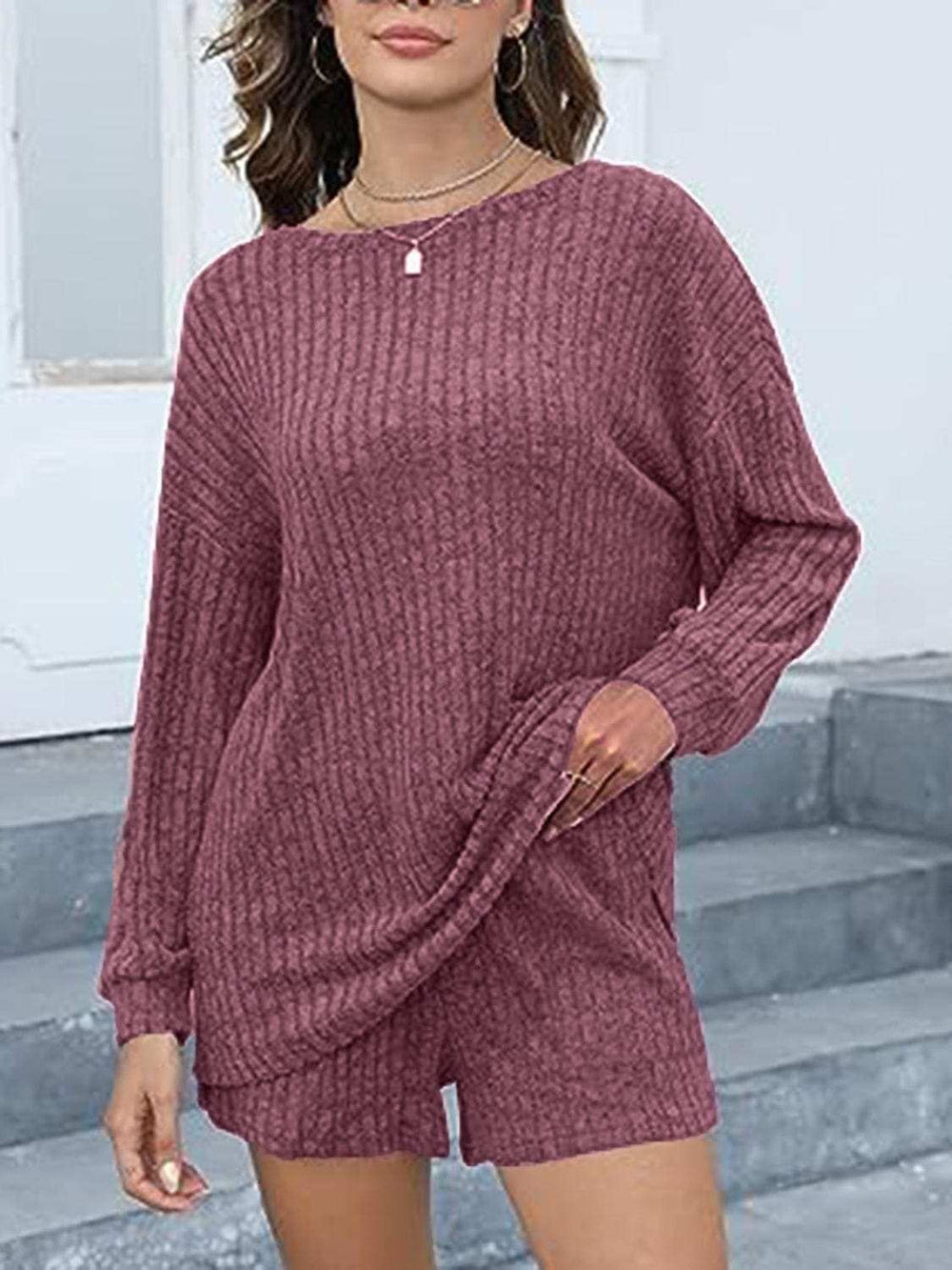 Round Neck Dropped Shoulder Top and Shorts Set - Trendsi - Flyclothing LLC