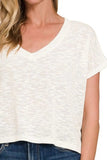 Zenana Hacci Slub V-neck Drop Shoulder Crop Top - Trendsi - Flyclothing LLC