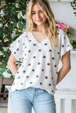 Heimish Full Size Star Print Short Sleeve V-Neck Waffle Knit T-Shirt - Trendsi - Flyclothing LLC
