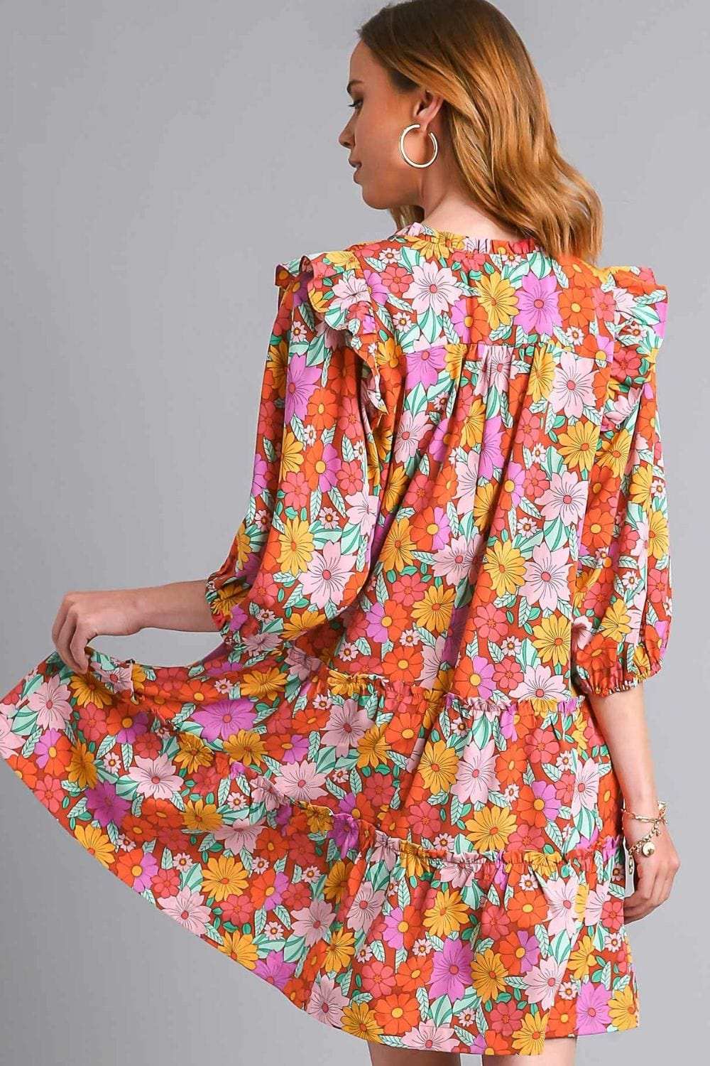 Umgee Full Size Ruffled Flower Print Tie Neck Tiered Dress Plus Size - Trendsi - Flyclothing LLC