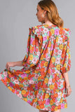 Umgee Full Size Ruffled Flower Print Tie Neck Tiered Dress Plus Size - Trendsi - Flyclothing LLC