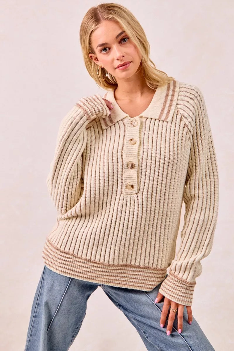 BiBi Half Button Ribbed Two Tone Sweater - Trendsi - Flyclothing LLC
