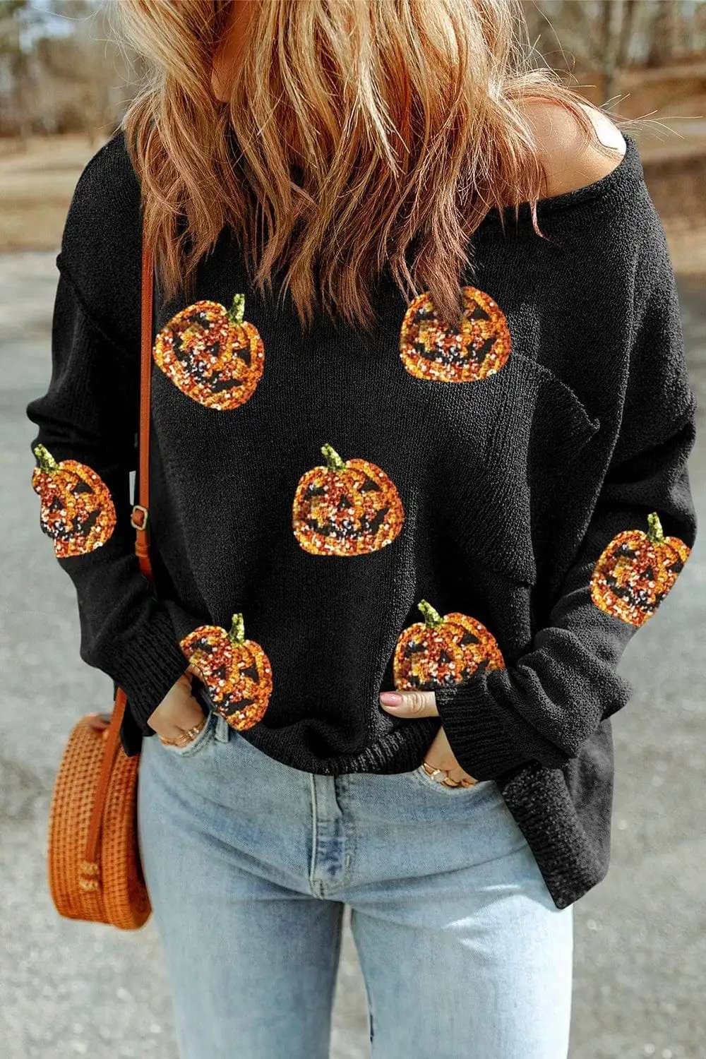 Pumpkin Round Neck Long Sleeve Knit Top - Trendsi - Flyclothing LLC