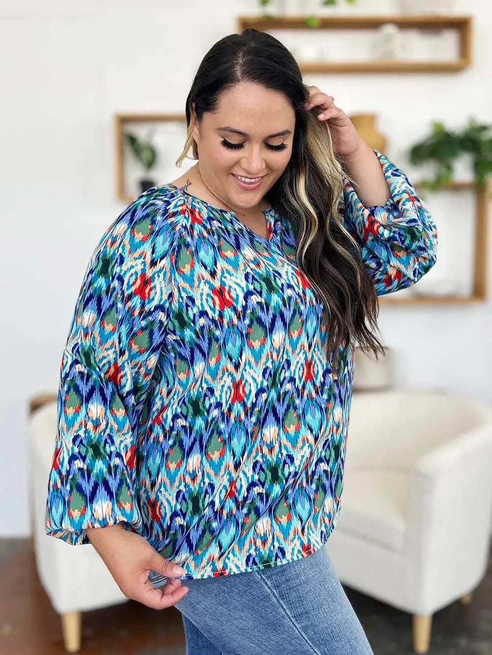 Double Take Full Size Printed Balloon Sleeve Blouse - Trendsi - Flyclothing LLC